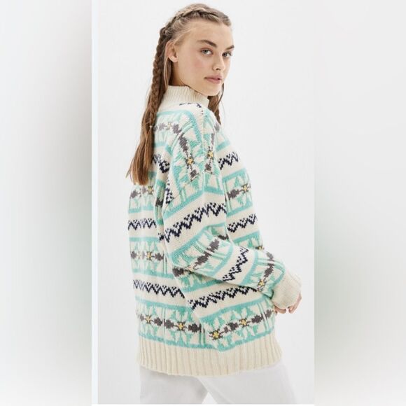 American Eagle Fair Isle Sweater Womens Mock Neck Colorful Oversized Size S NWT - Picture 1 of 6